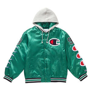 シュプリーム champion 偽物 シュプリーム ボックス ロゴ パーカー Hooded Satin Varsity Jacket Kelly Green