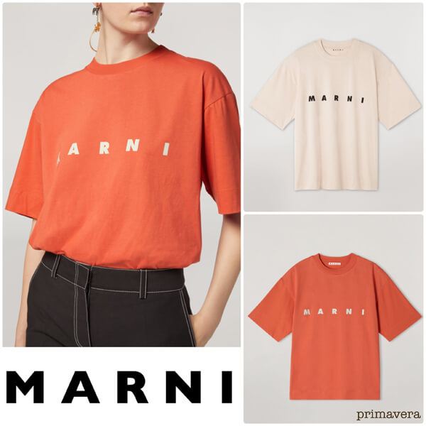 マルニ Tシャツ パロディ ジャージー Tシャツ ロゴ入り ショートスリーブ ピンク